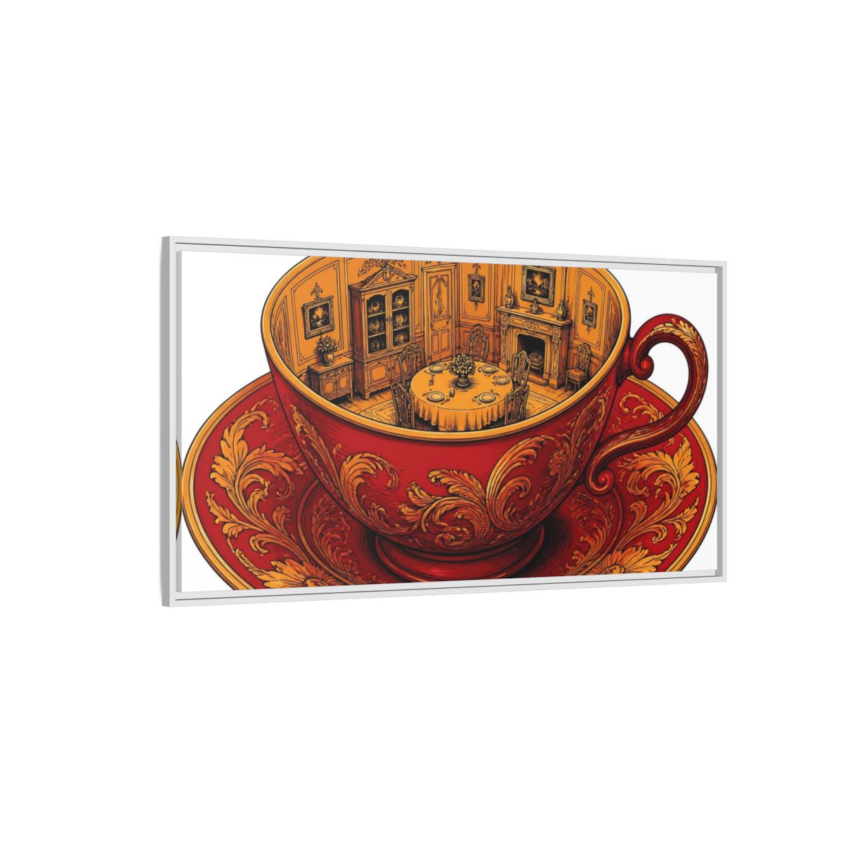 Side Mockup 3. Crimson Teacup Illusion shown as framed canvas print