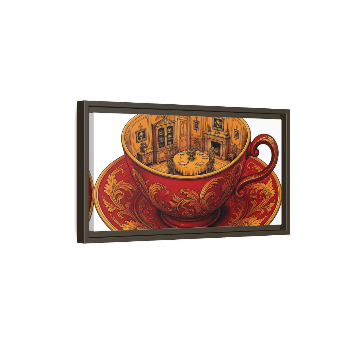 Side Mockup 7. Crimson Teacup Illusion shown as framed canvas print