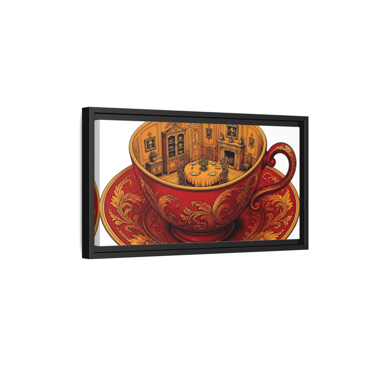 Side Mockup 8. Crimson Teacup Illusion shown as framed canvas print