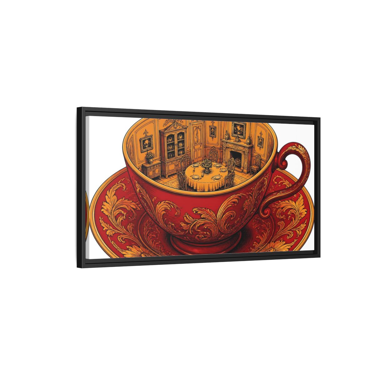 Side Mockup 2. Crimson Teacup Illusion shown as framed canvas print