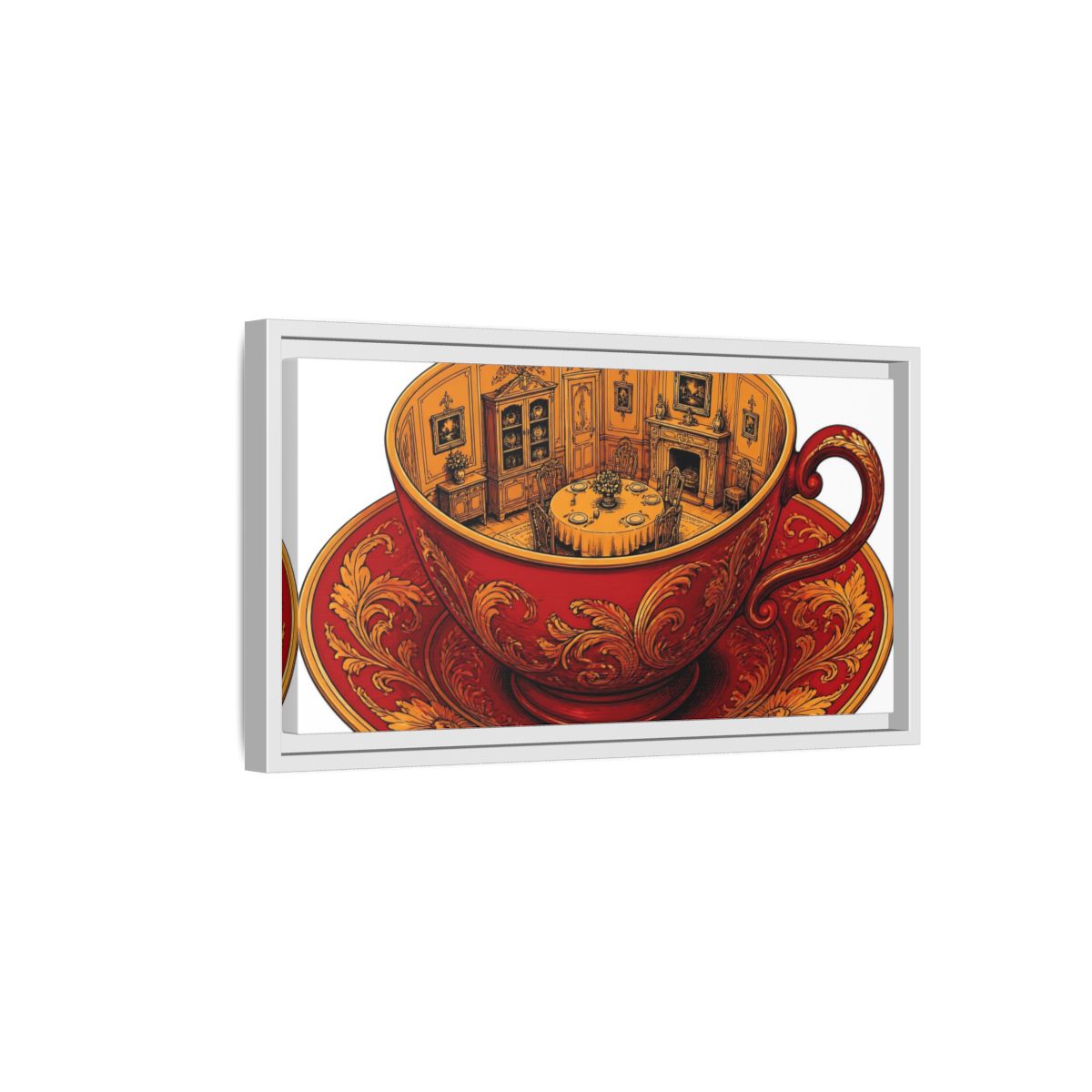 Side Mockup 6. Crimson Teacup Illusion shown as framed canvas print