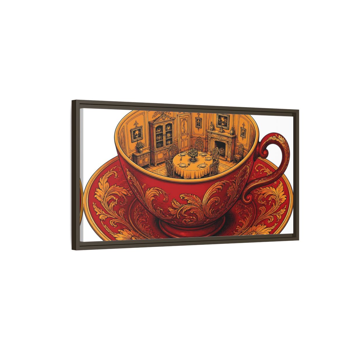 Main Mockup. Crimson Teacup Illusion shown as framed canvas print