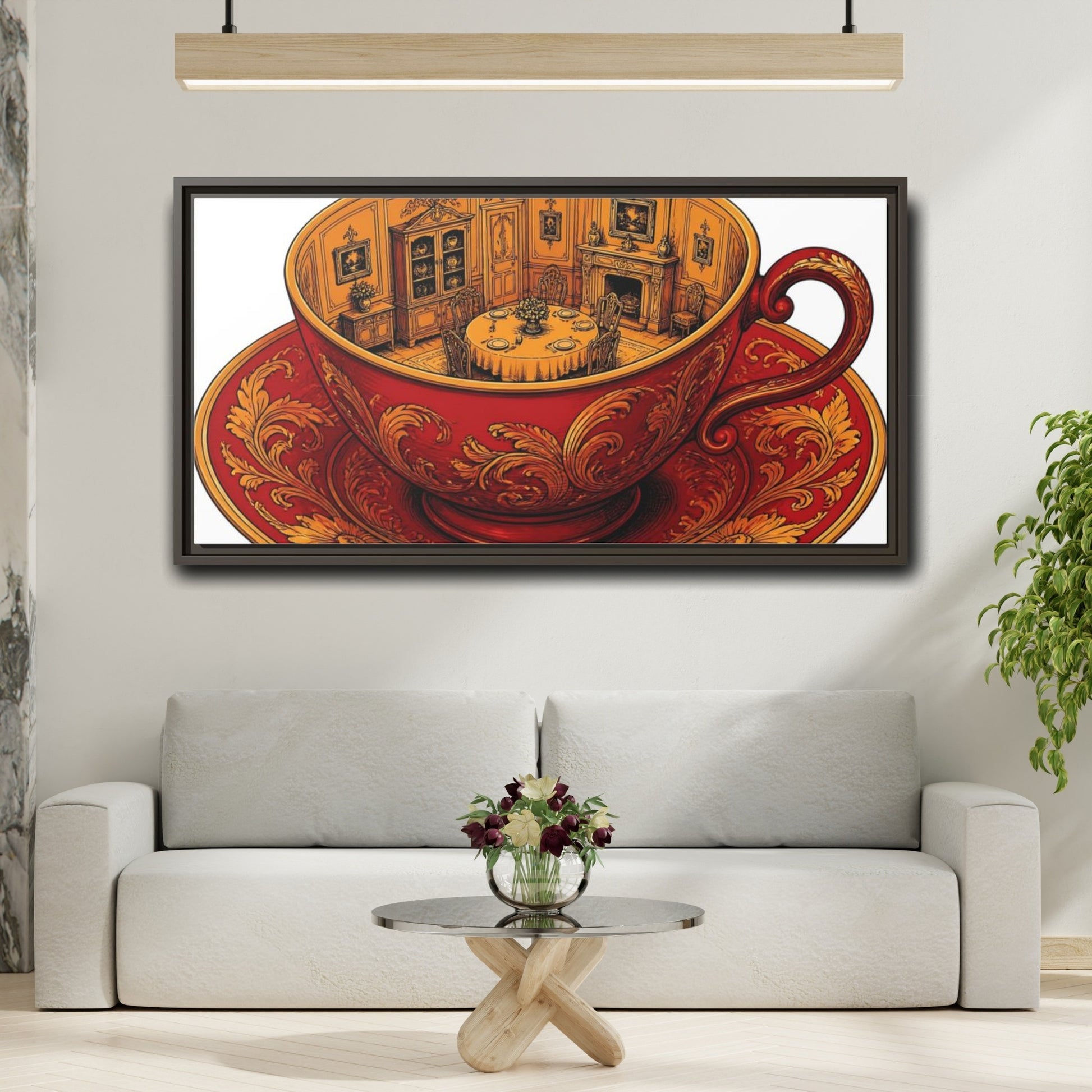 Mockup 2. Crimson Teacup Illusion shown as framed canvas print
