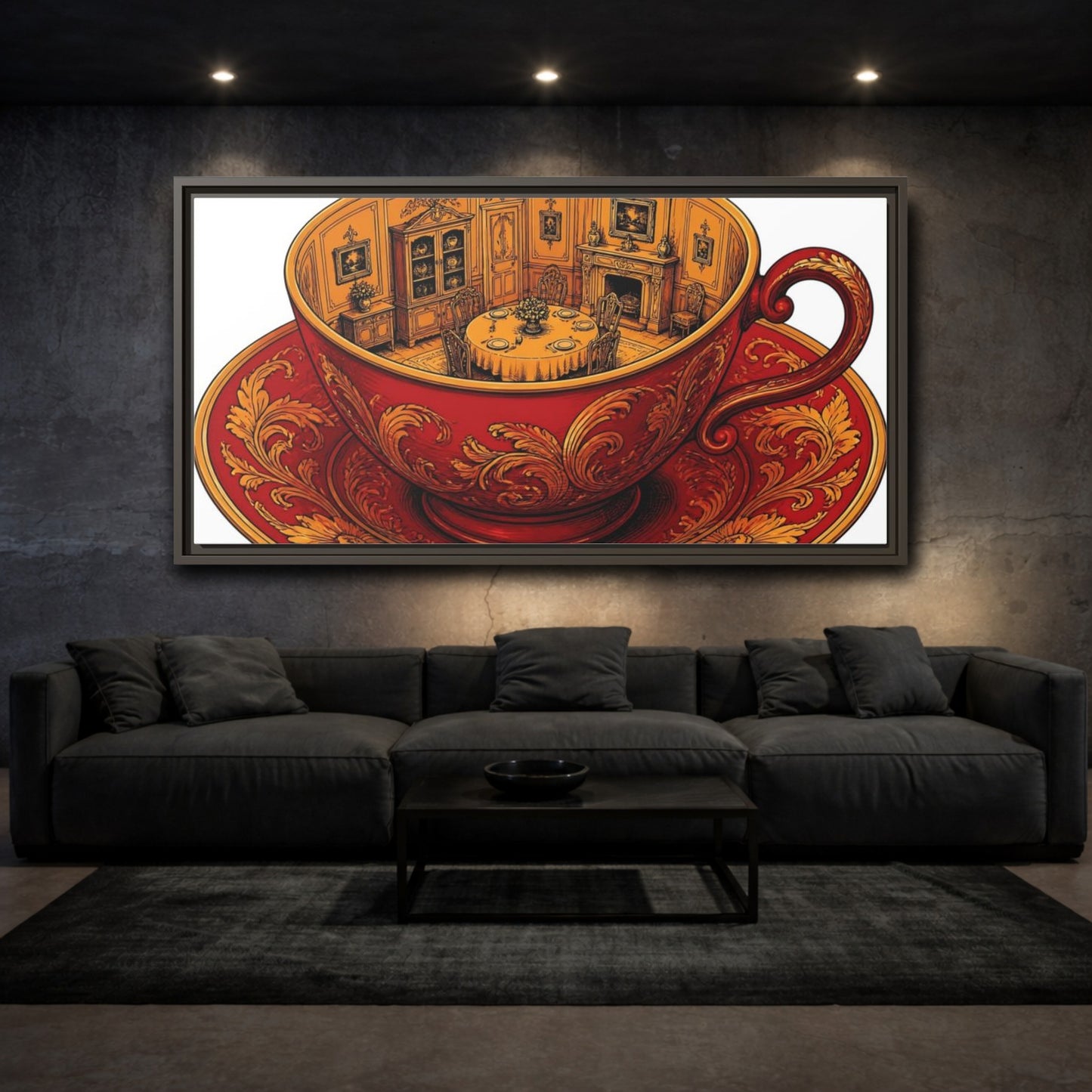 Mockup 3. Crimson Teacup Illusion shown as framed canvas print