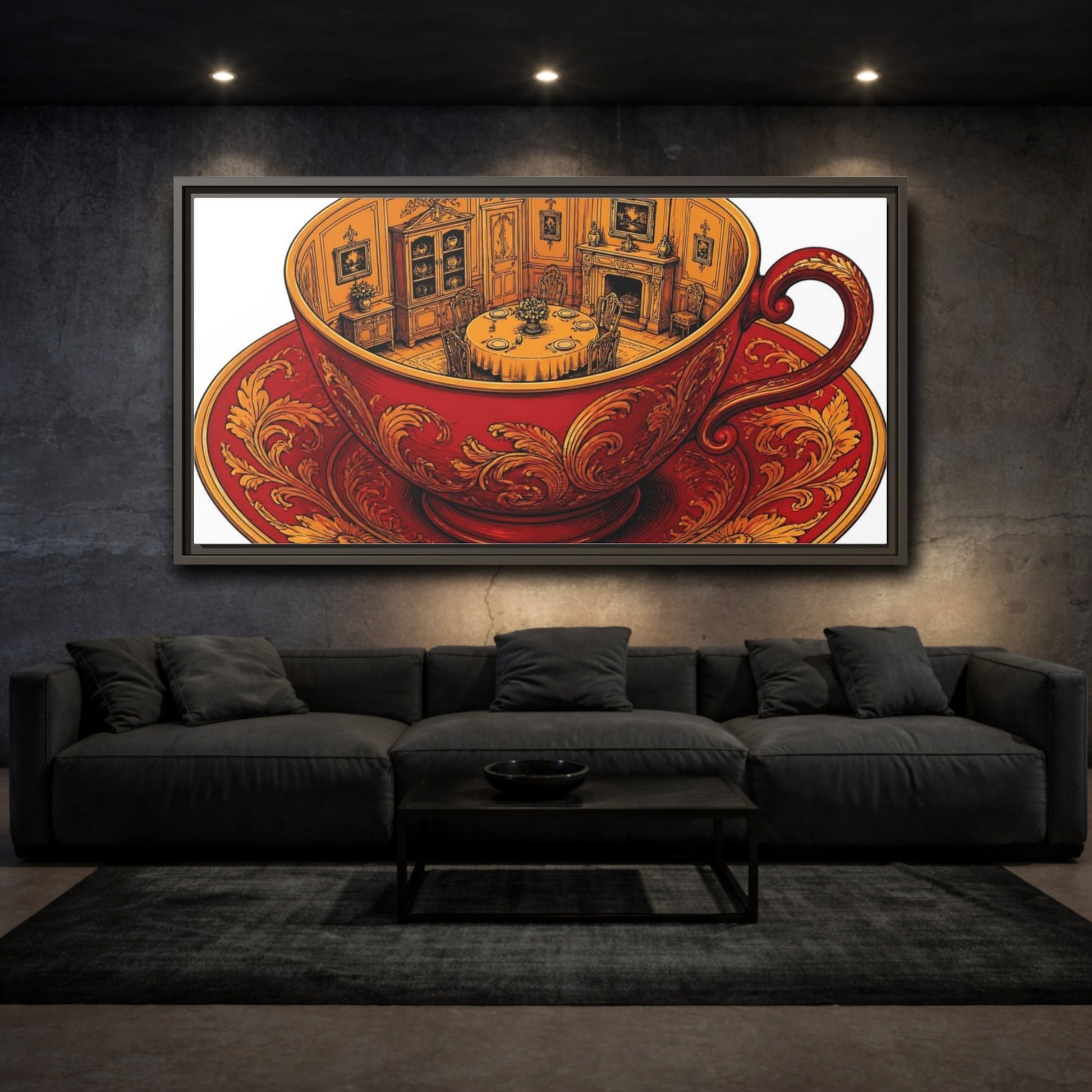 Mockup 3. Crimson Teacup Illusion shown as framed canvas print