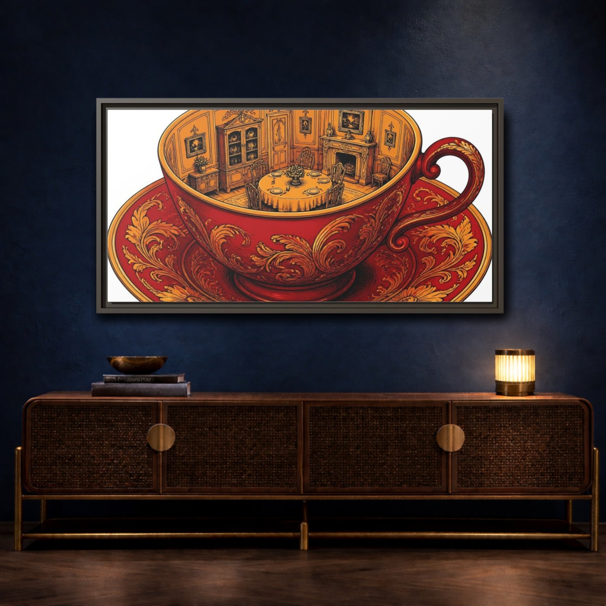 Mockup 4. Crimson Teacup Illusion shown as framed canvas print