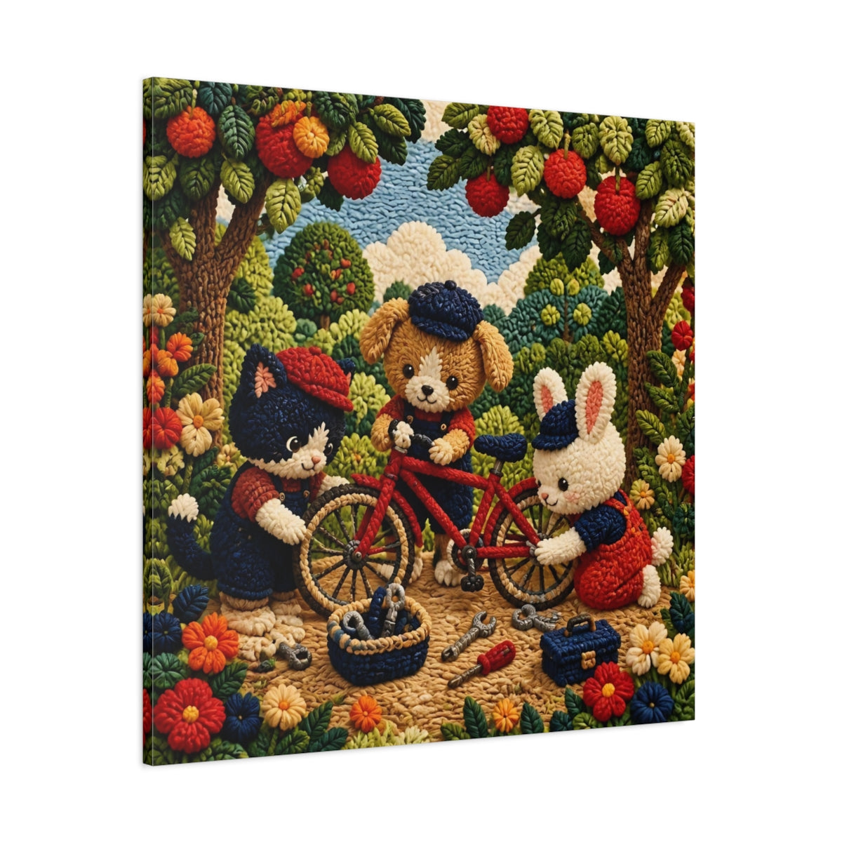 Side Mockup 1. Crocheted Animal Bike Friends shown as canvas print