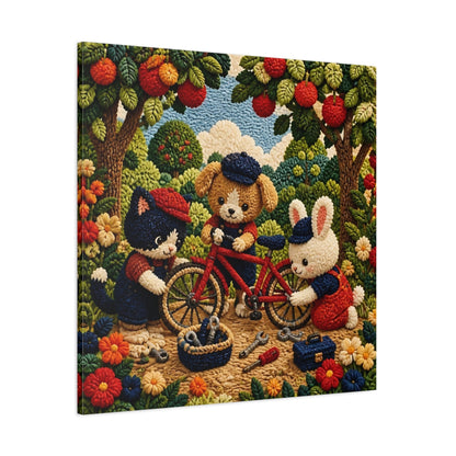 Side Mockup 1. Crocheted Animal Bike Friends shown as canvas print