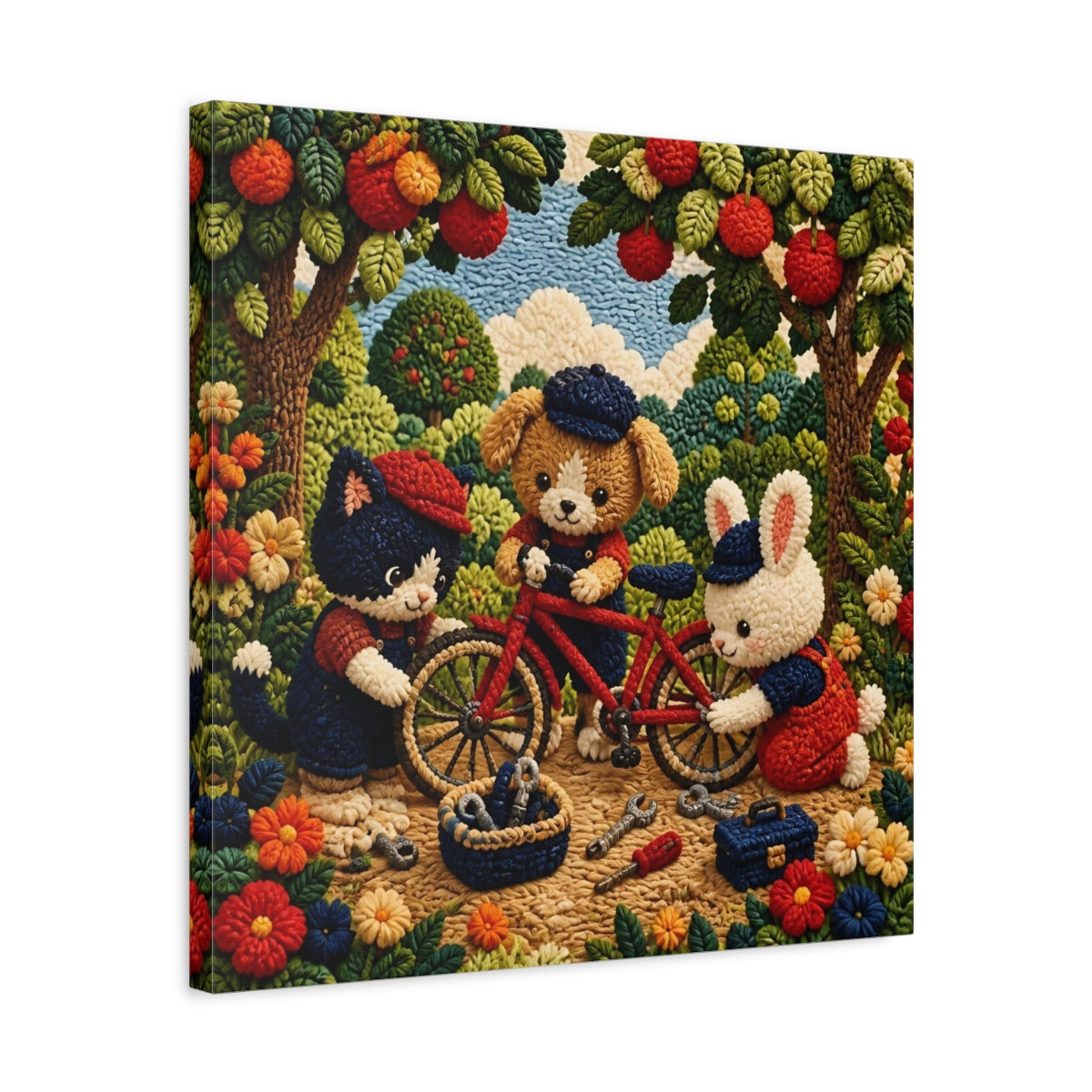 Side Mockup 5. Crocheted Animal Bike Friends shown as canvas print