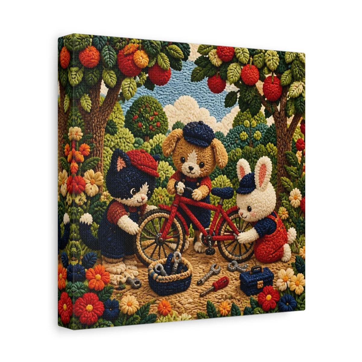 Side Mockup 9. Crocheted Animal Bike Friends shown as canvas print