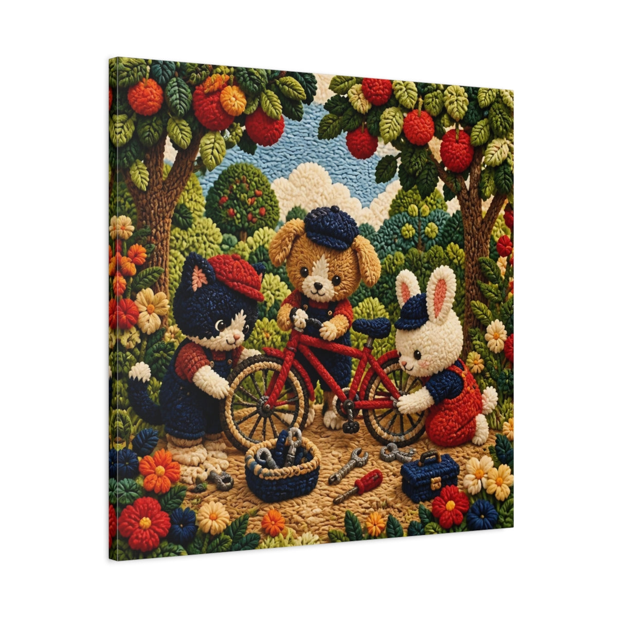 Side Mockup 3. Crocheted Animal Bike Friends shown as canvas print