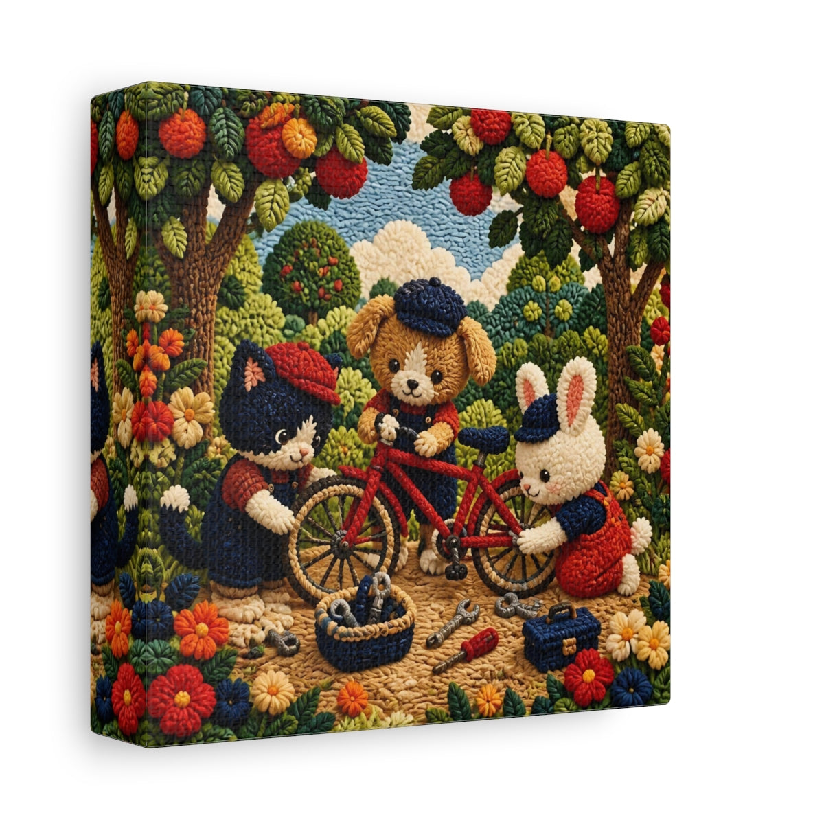 Side Mockup 2. Crocheted Animal Bike Friends shown as canvas print