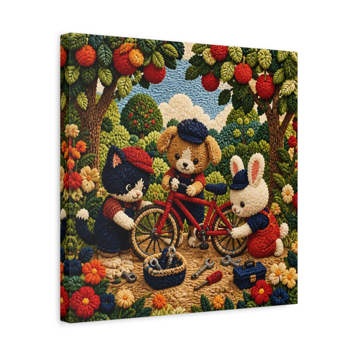 Side Mockup 6. Crocheted Animal Bike Friends shown as canvas print