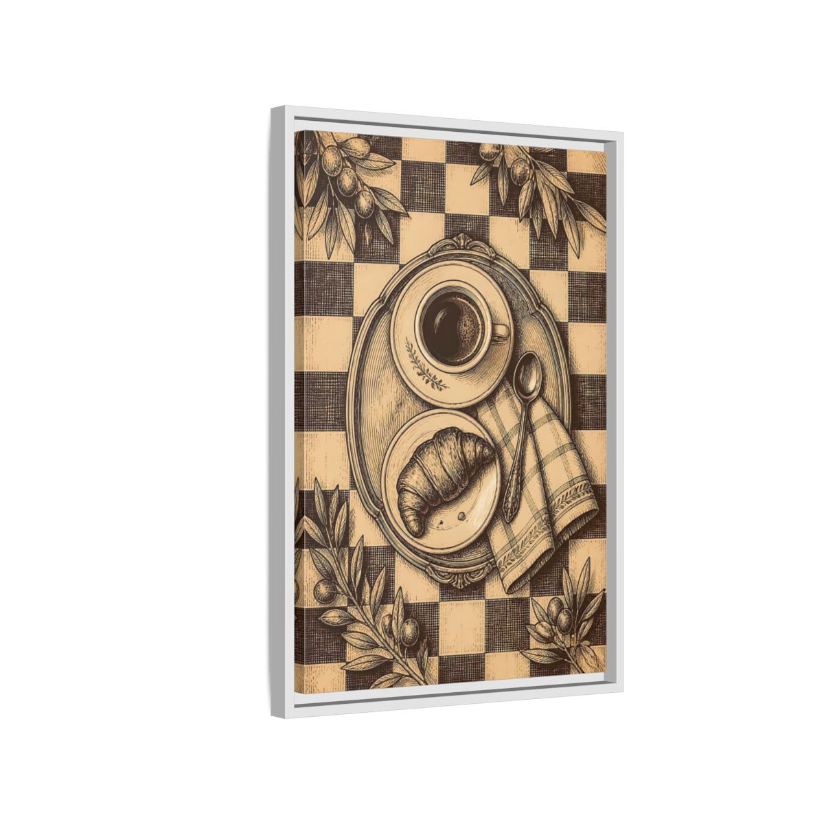 Side Mockup 1. Croissant And Coffee shown as framed canvas print
