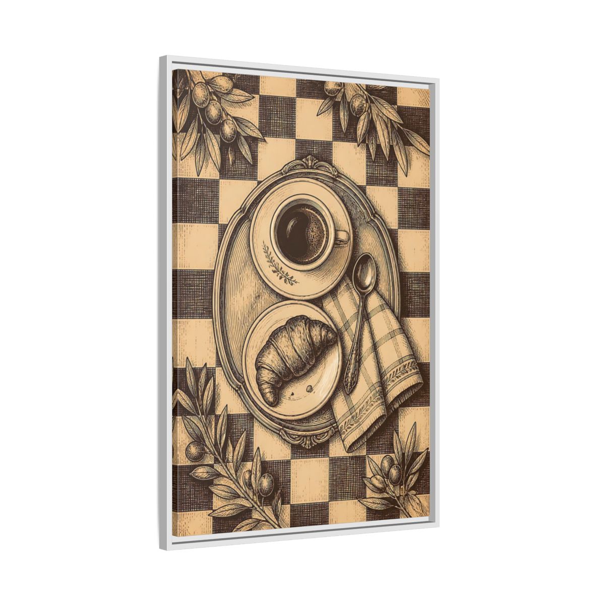Side Mockup 9. Croissant And Coffee shown as framed canvas print