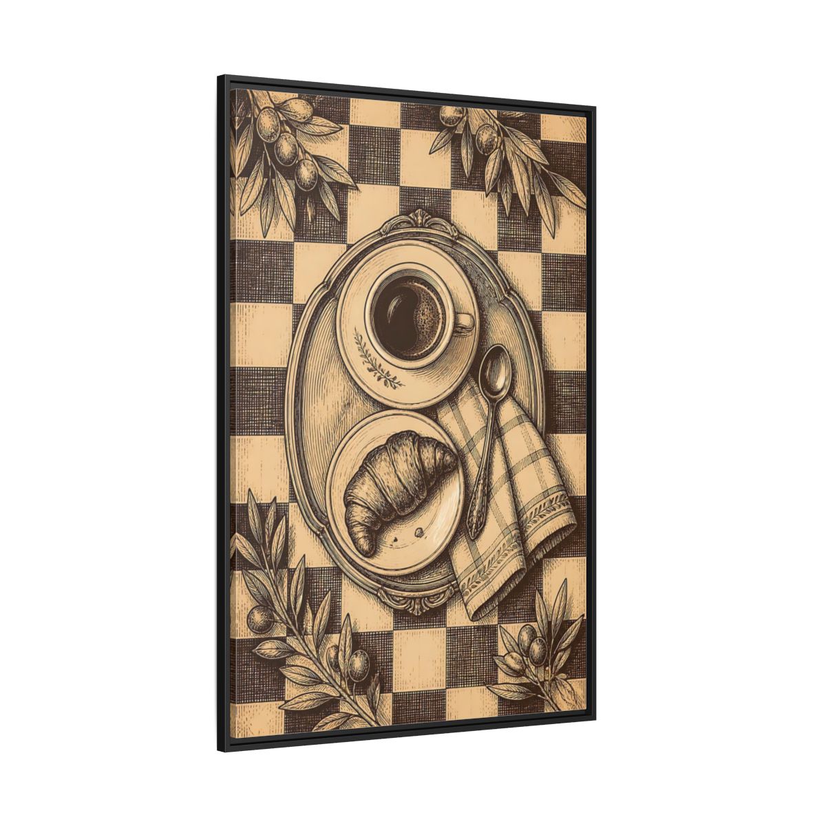 Side Mockup 12. Croissant And Coffee shown as framed canvas print