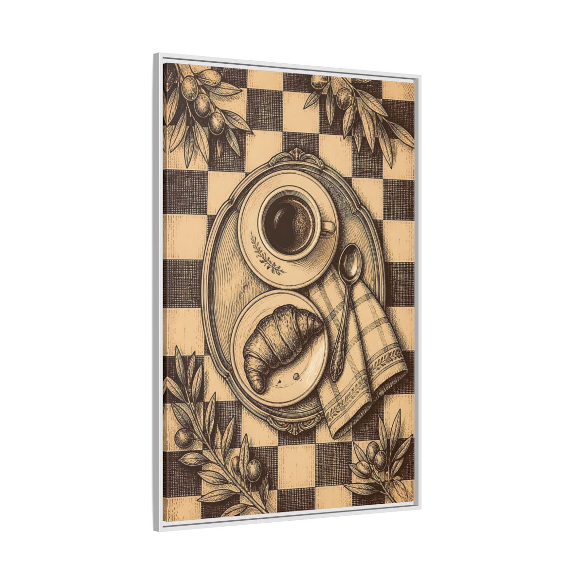 Side Mockup 7. Croissant And Coffee shown as framed canvas print