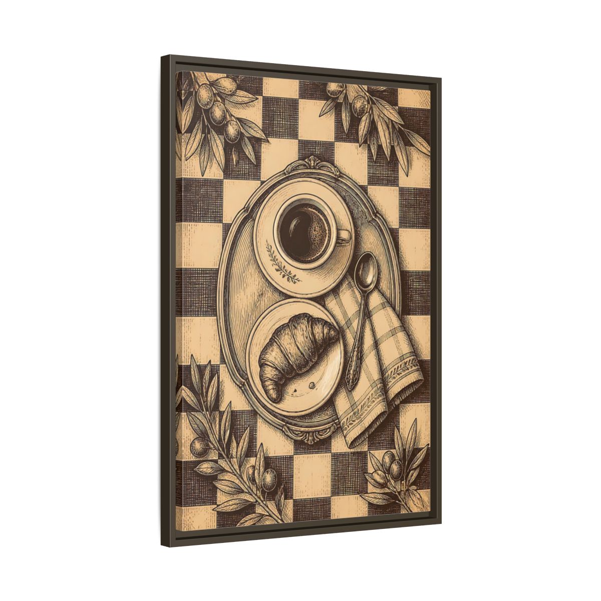 Side Mockup 11. Croissant And Coffee shown as framed canvas print