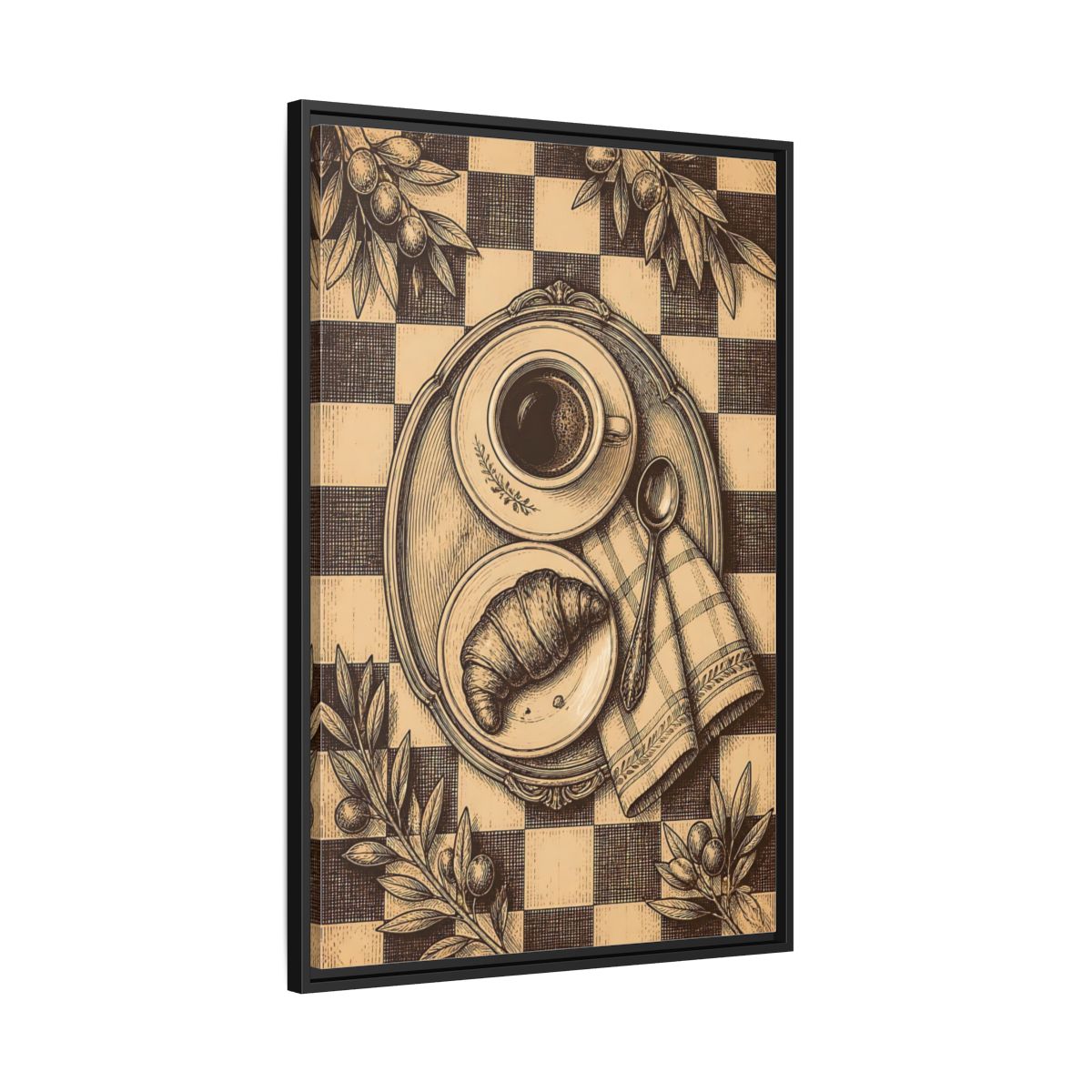 Side Mockup 13. Croissant And Coffee shown as framed canvas print
