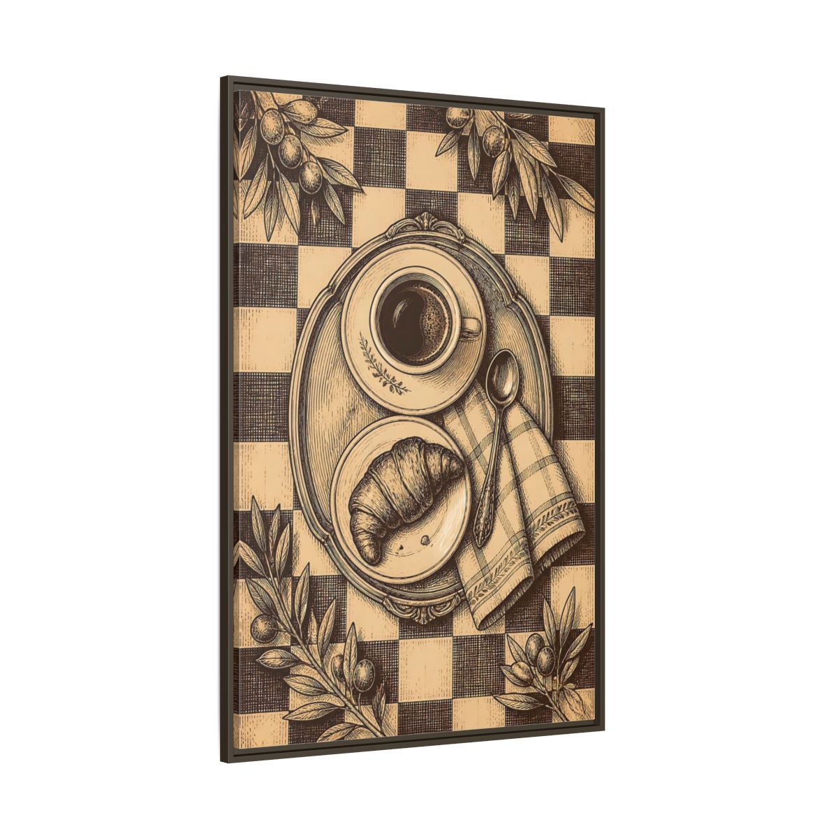 Side Mockup 8. Croissant And Coffee shown as framed canvas print