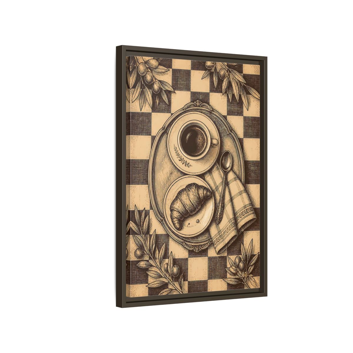 Side Mockup 2. Croissant And Coffee shown as framed canvas print