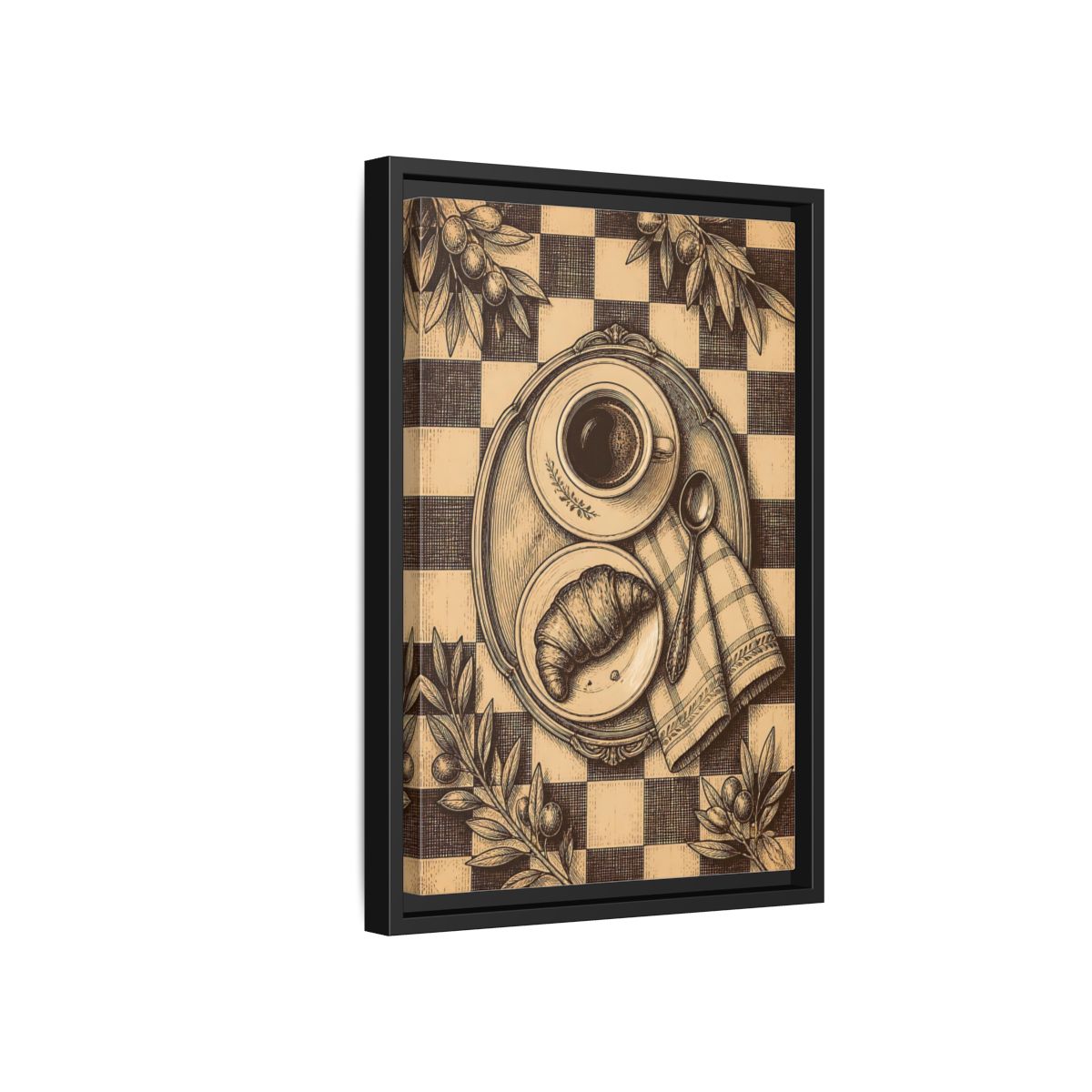 Side Mockup 6. Croissant And Coffee shown as framed canvas print