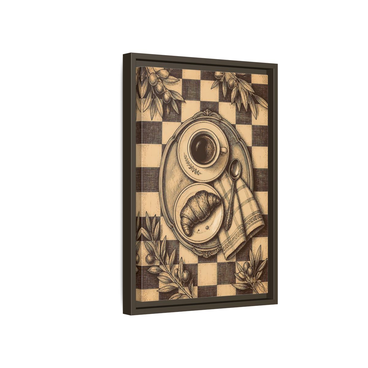 Side Mockup 5. Croissant And Coffee shown as framed canvas print