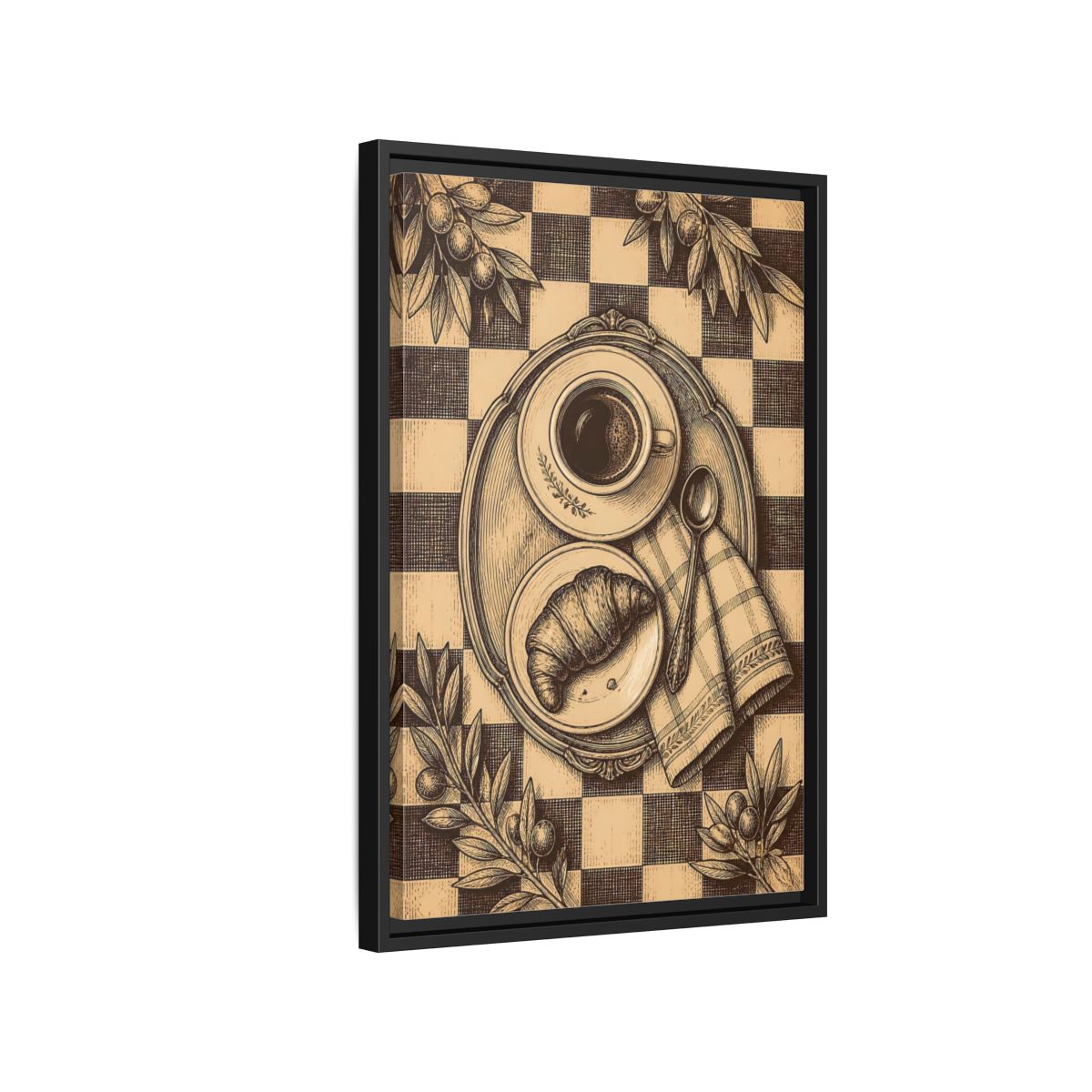 Side Mockup 3. Croissant And Coffee shown as framed canvas print