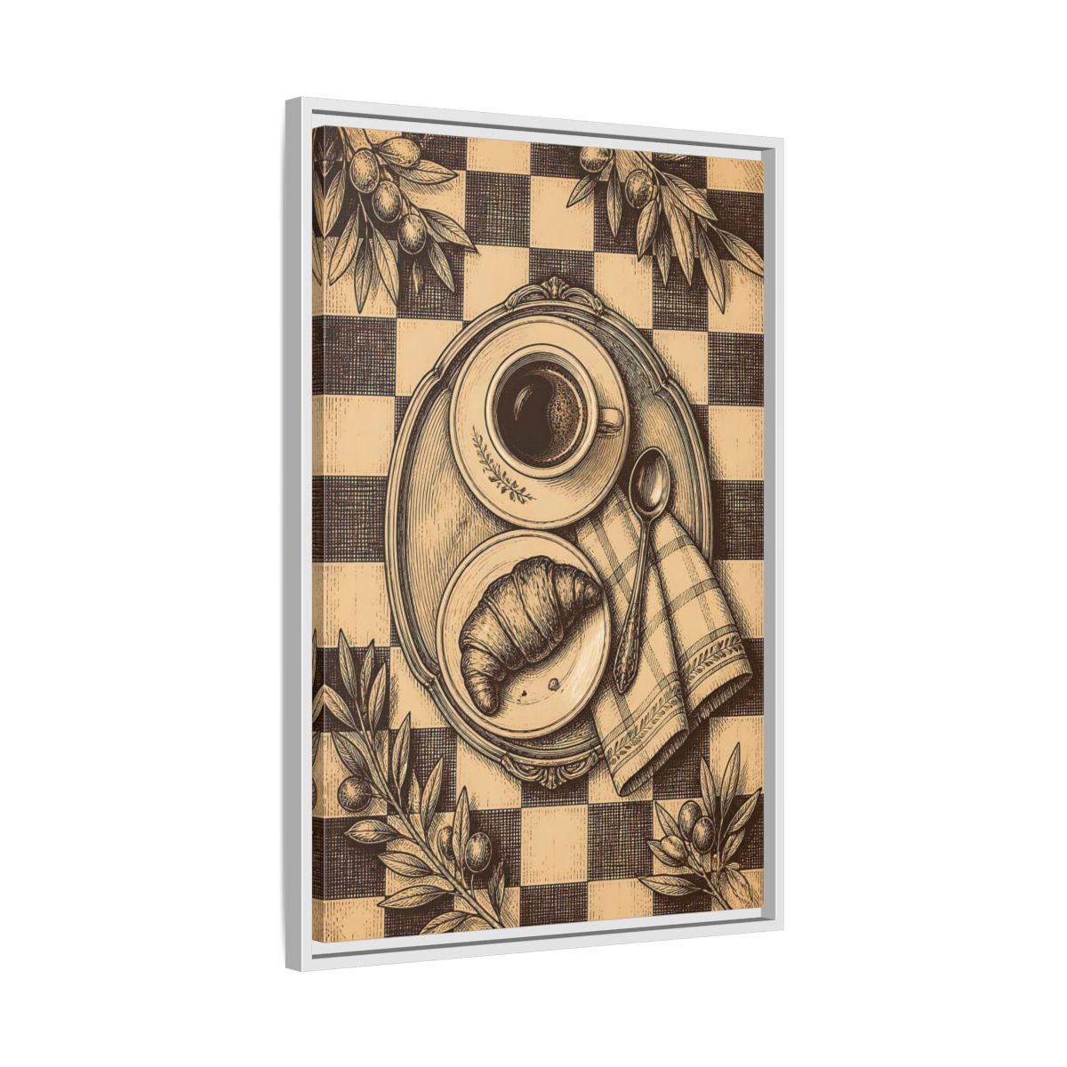 Side Mockup 10. Croissant And Coffee shown as framed canvas print