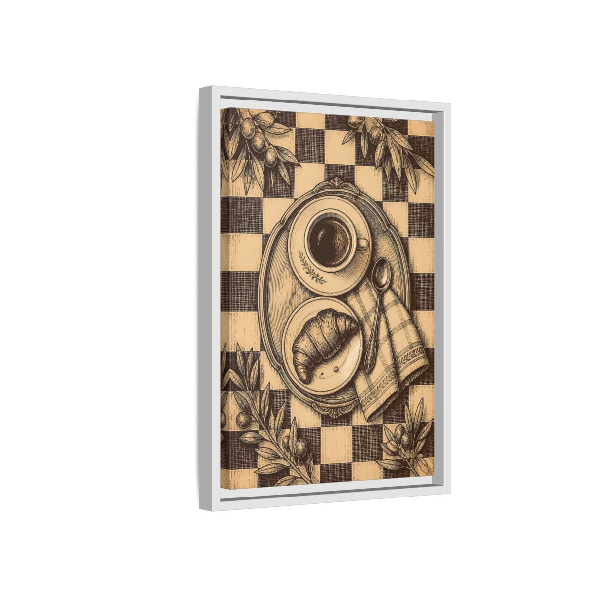 Side Mockup 4. Croissant And Coffee shown as framed canvas print