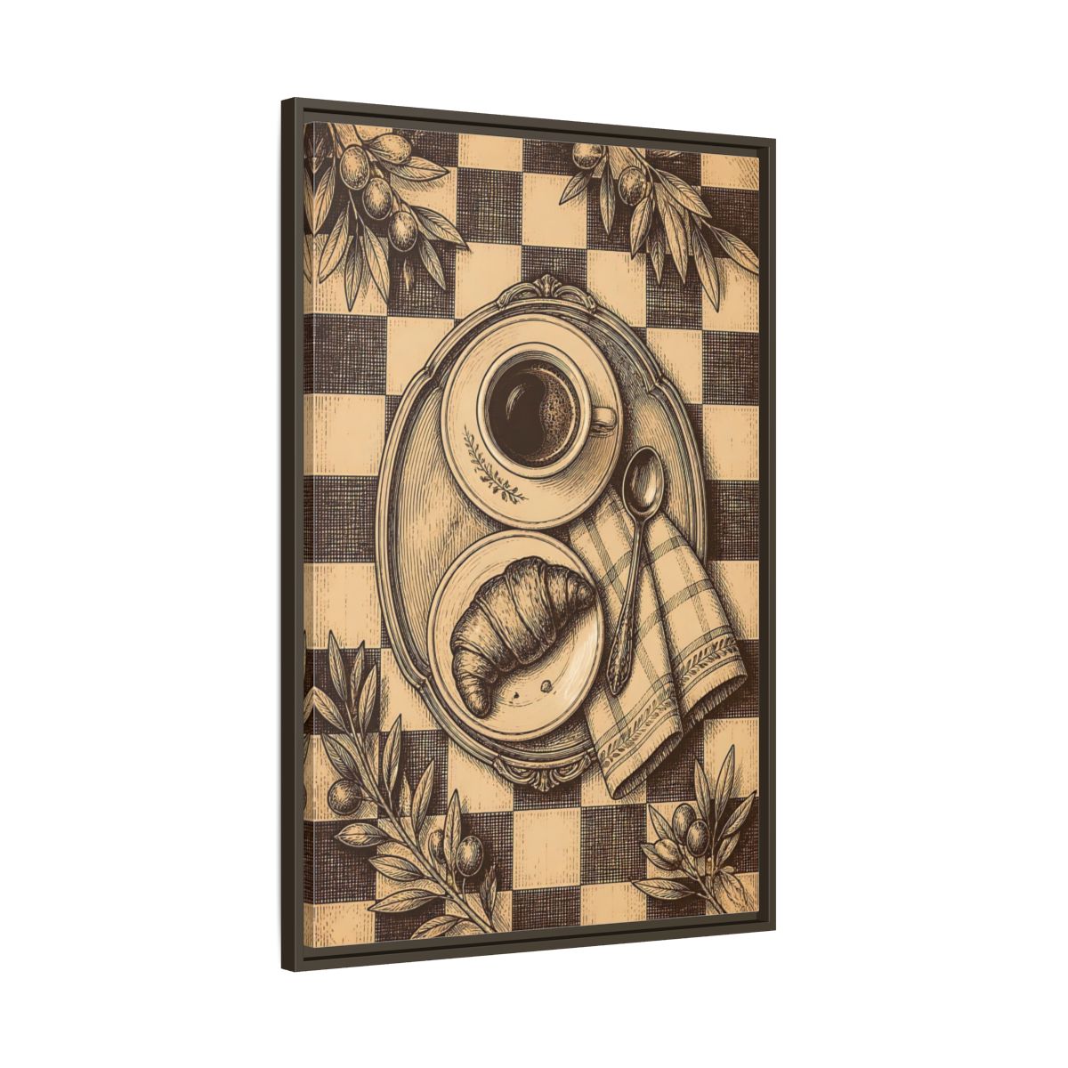 Main Mockup. Croissant And Coffee shown as framed canvas print