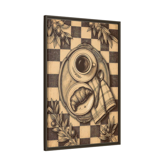 Main Mockup. Croissant And Coffee shown as framed canvas print