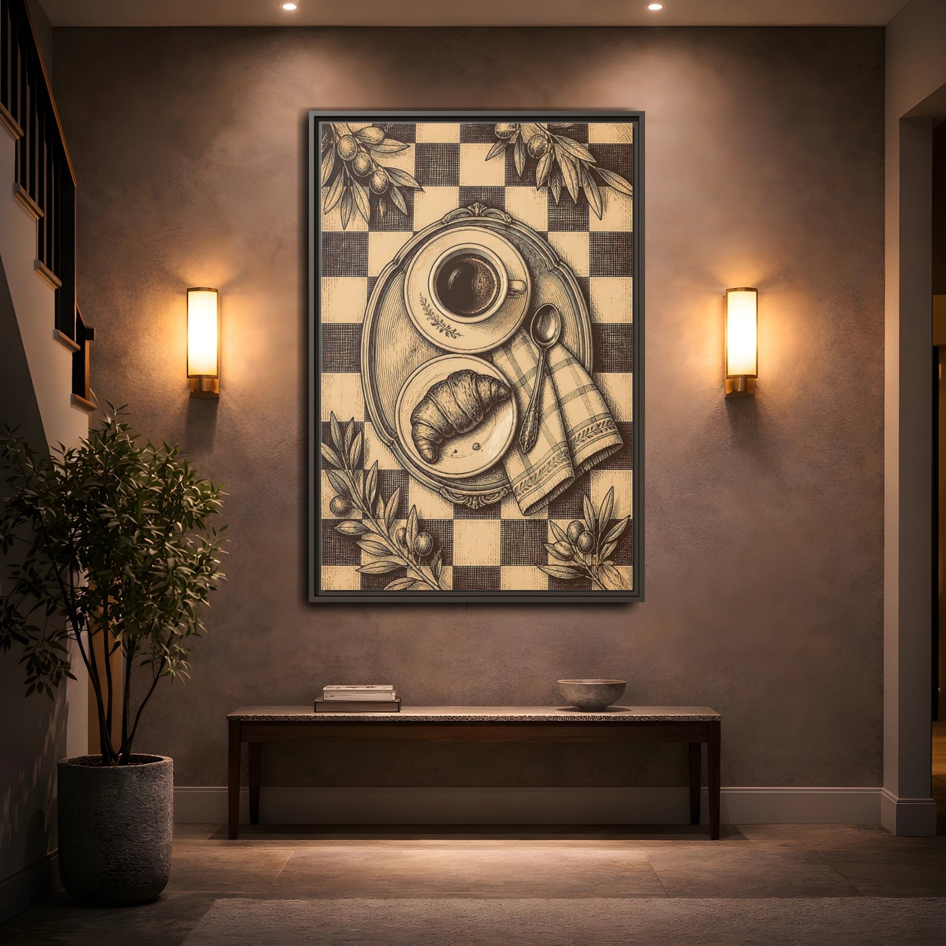 Mockup 2. Croissant And Coffee shown as framed canvas print