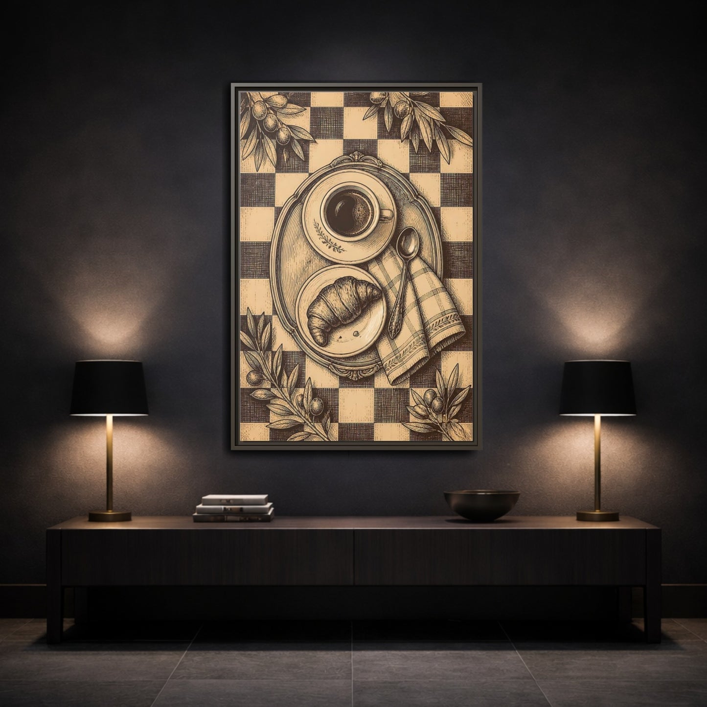 Mockup 3. Croissant And Coffee shown as framed canvas print