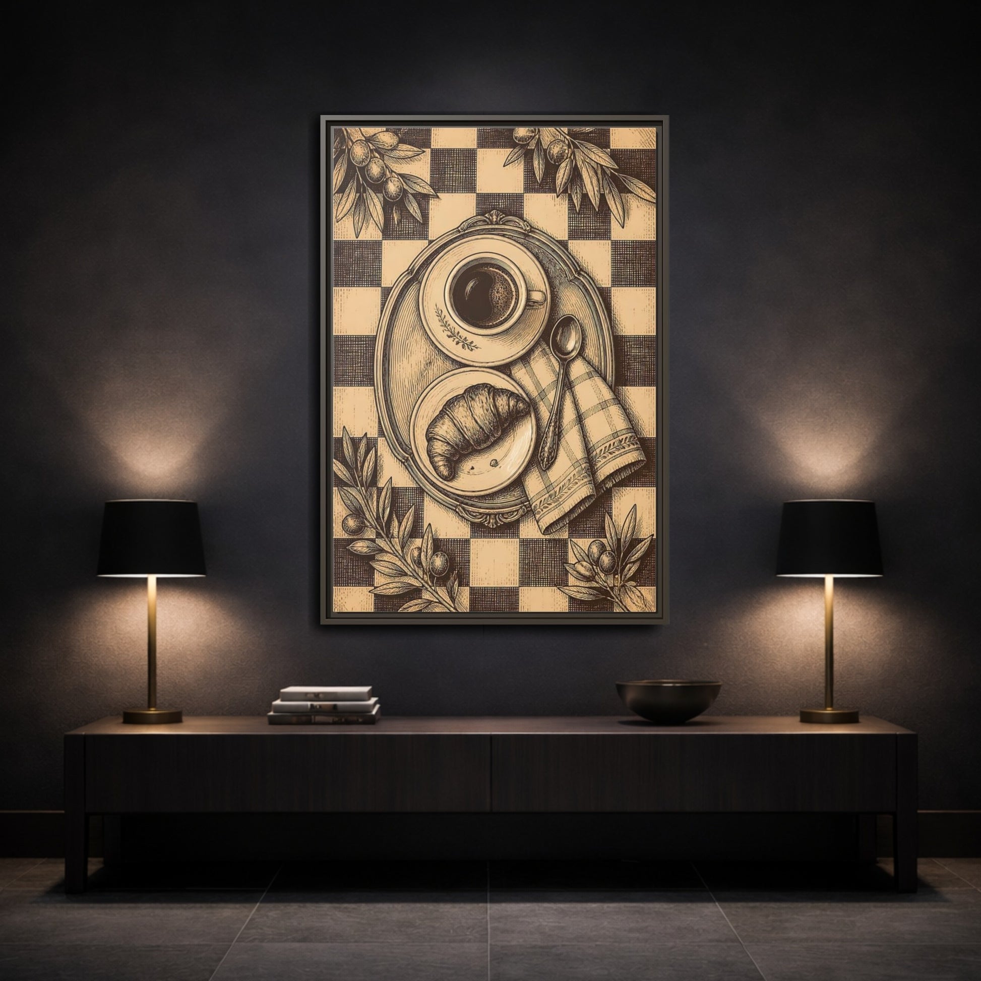 Mockup 3. Croissant And Coffee shown as framed canvas print