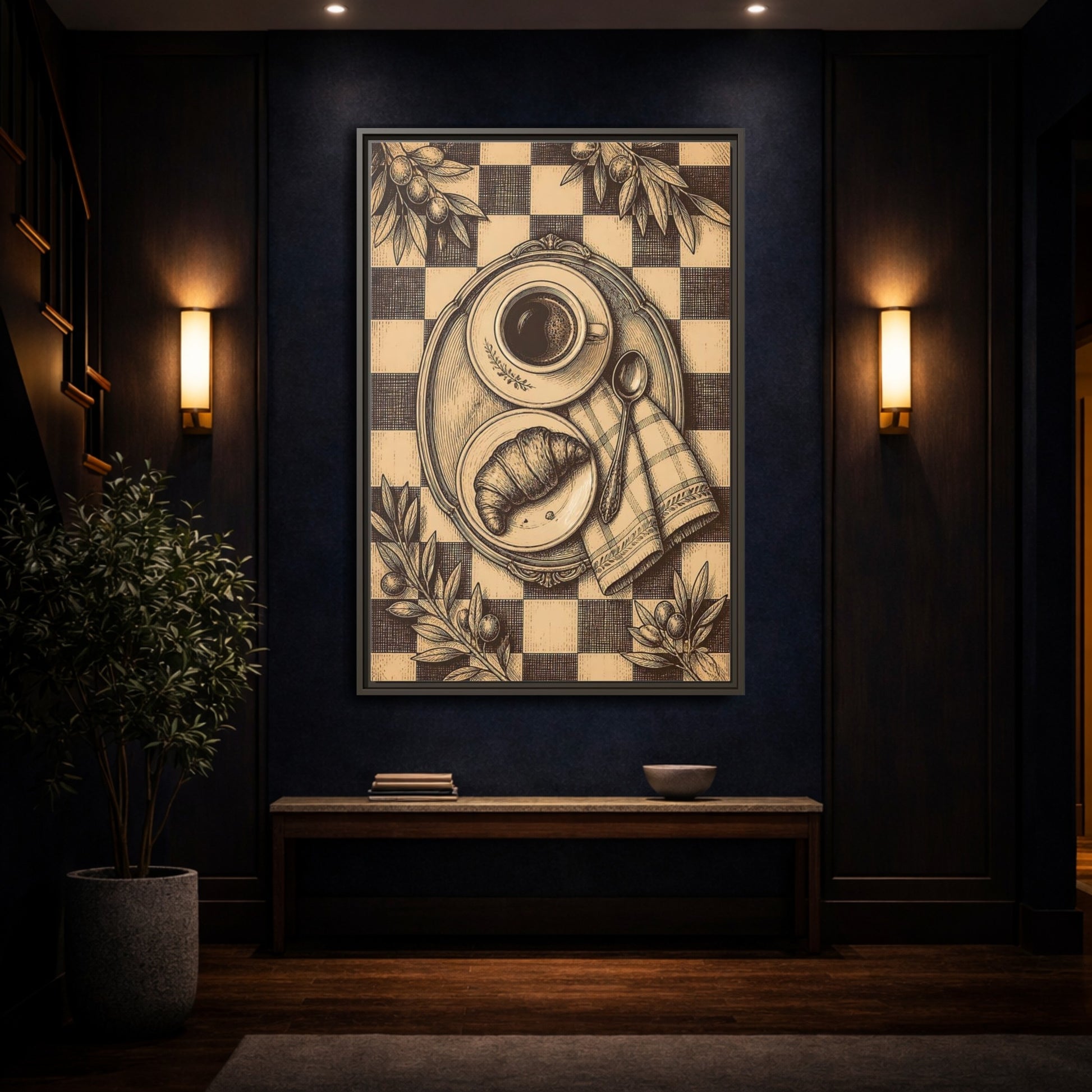 Mockup 4. Croissant And Coffee shown as framed canvas print