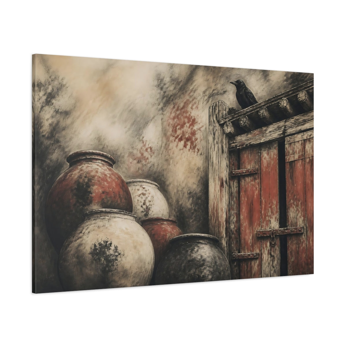 Side Mockup 1. Crow On Rustic Door shown as canvas print