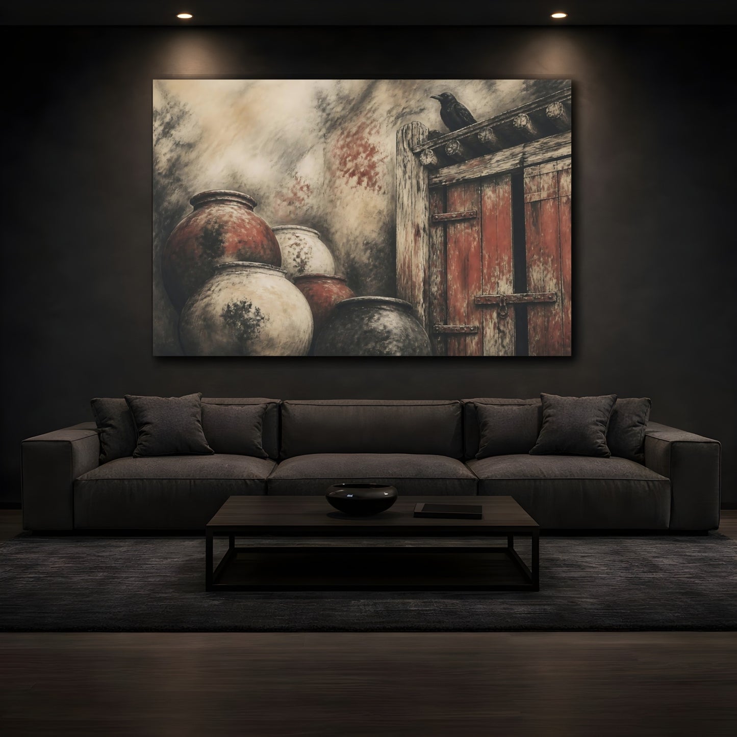 Mockup 3. Crow On Rustic Door shown as canvas print