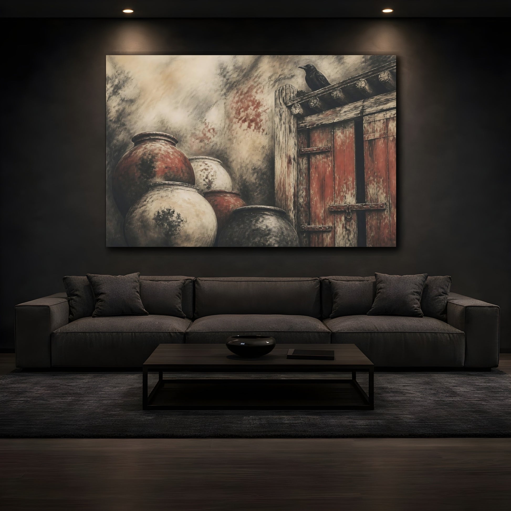 Mockup 3. Crow On Rustic Door shown as canvas print