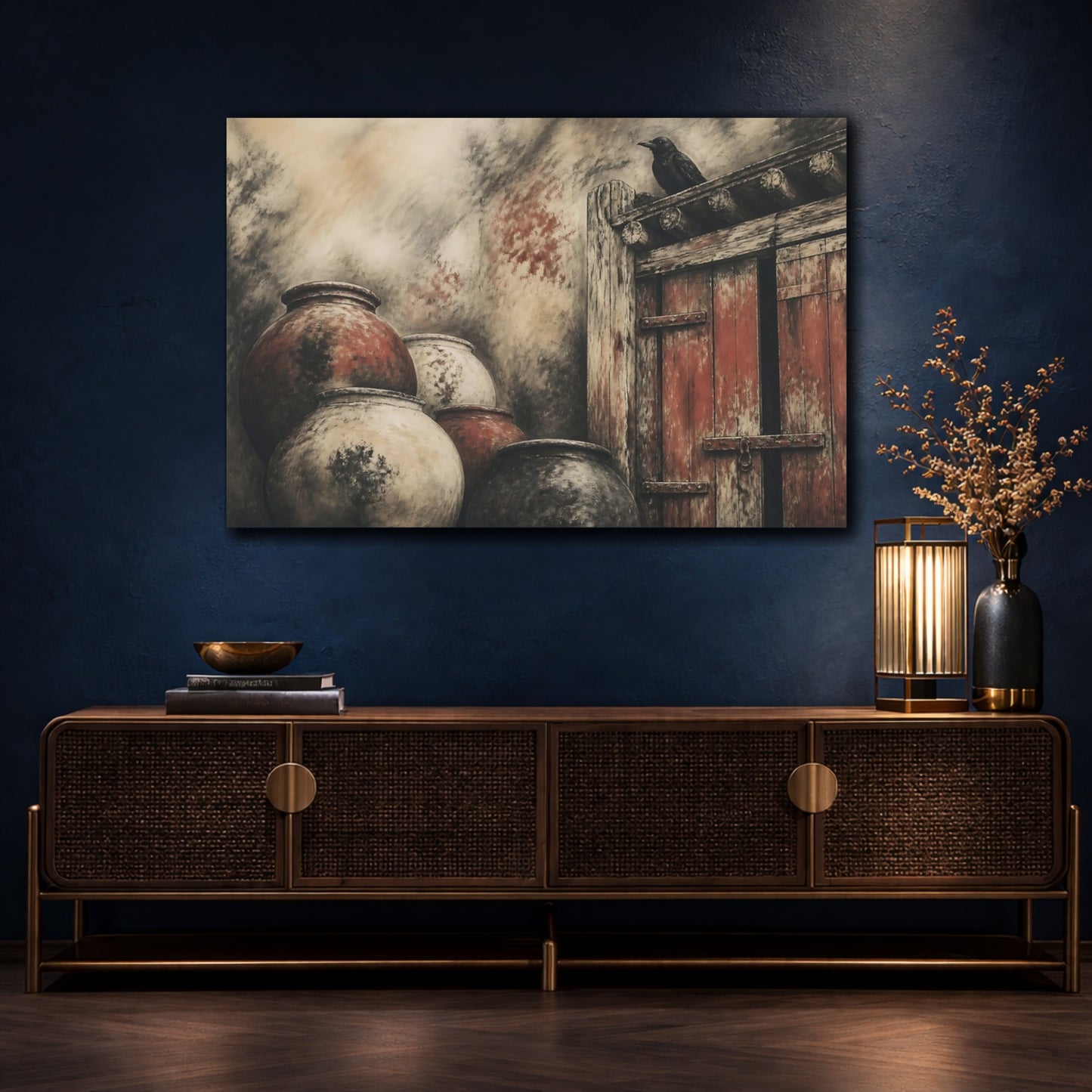 Mockup 4. Crow On Rustic Door shown as canvas print
