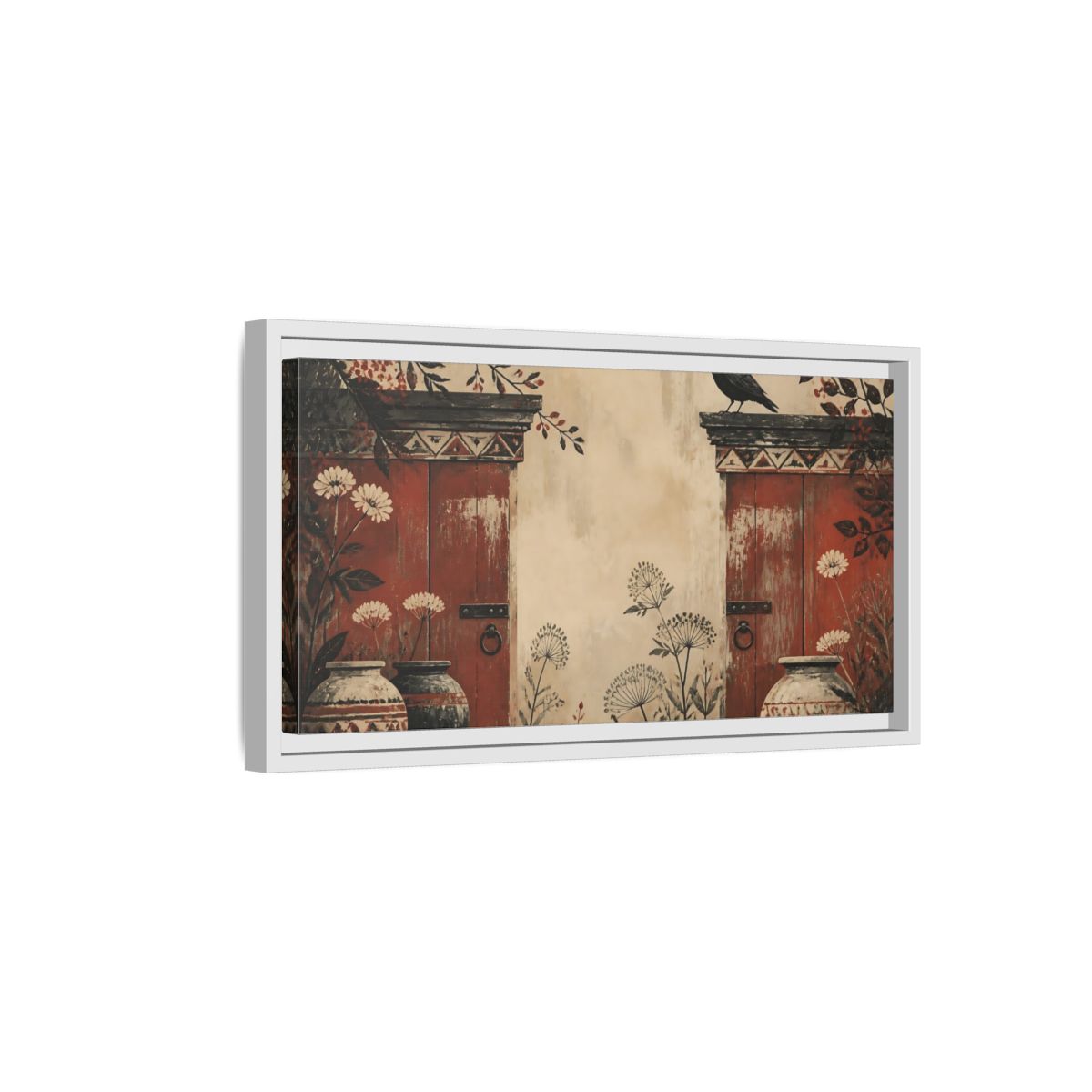 Side Mockup 6. Crow On Weathered Red Doors shown as framed canvas print