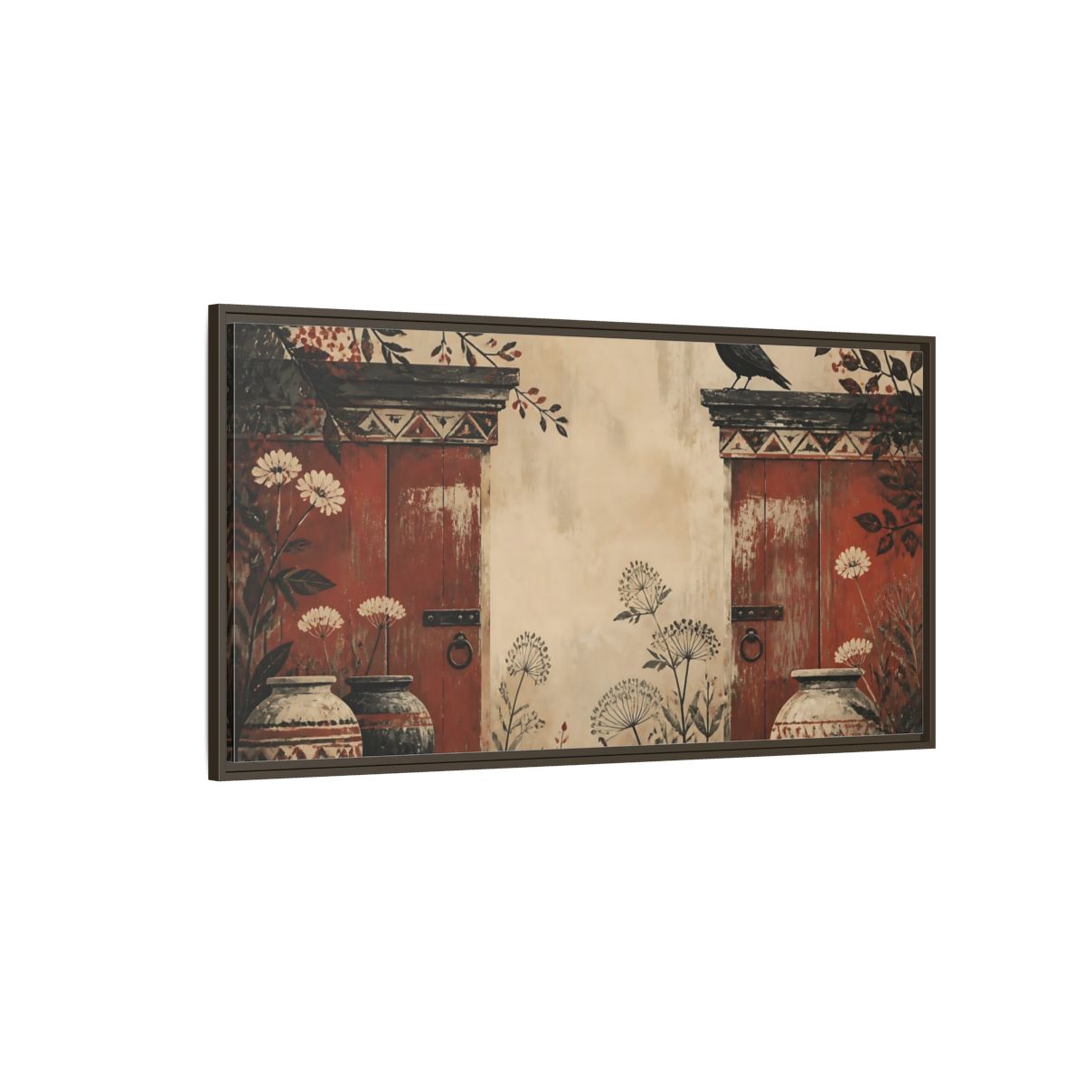 Side Mockup 4. Crow On Weathered Red Doors shown as framed canvas print
