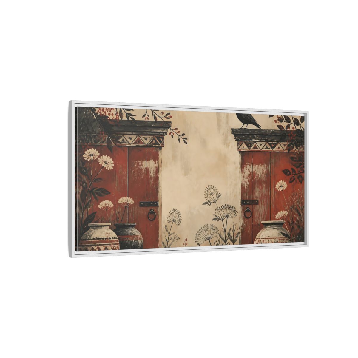 Side Mockup 3. Crow On Weathered Red Doors shown as framed canvas print