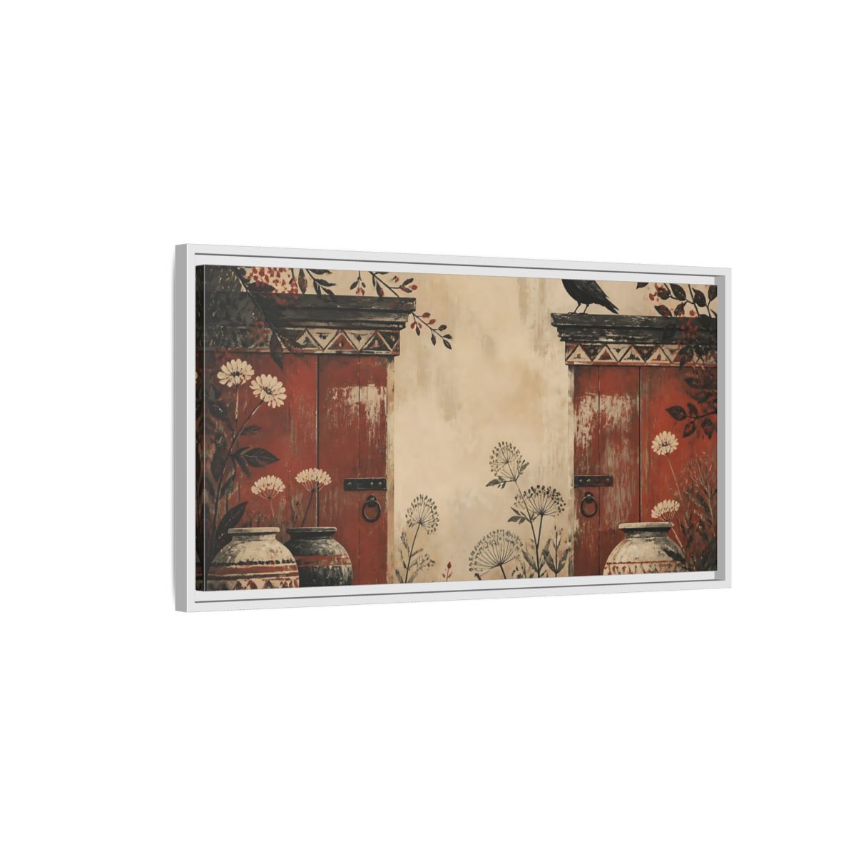 Side Mockup 1. Crow On Weathered Red Doors shown as framed canvas print
