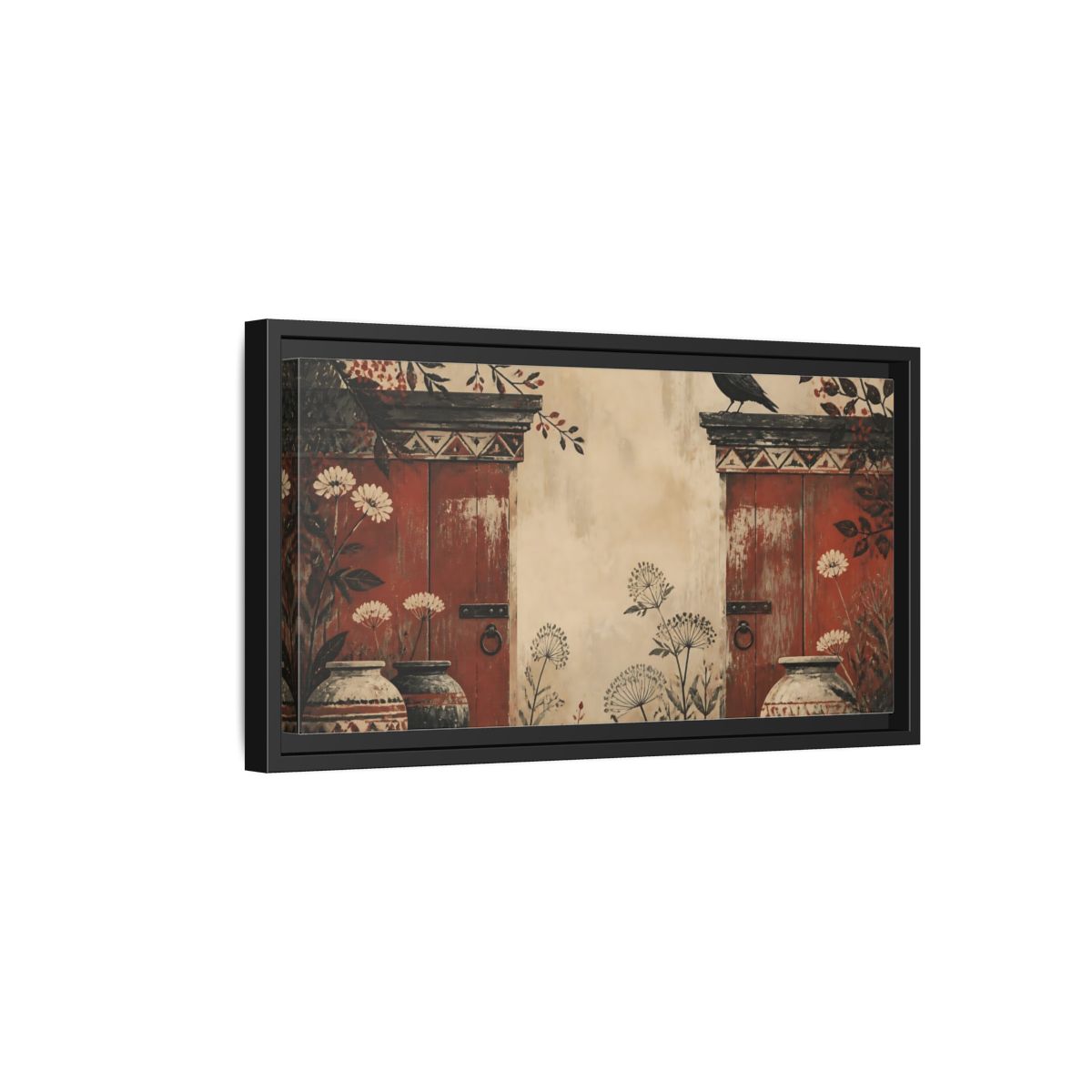 Side Mockup 8. Crow On Weathered Red Doors shown as framed canvas print