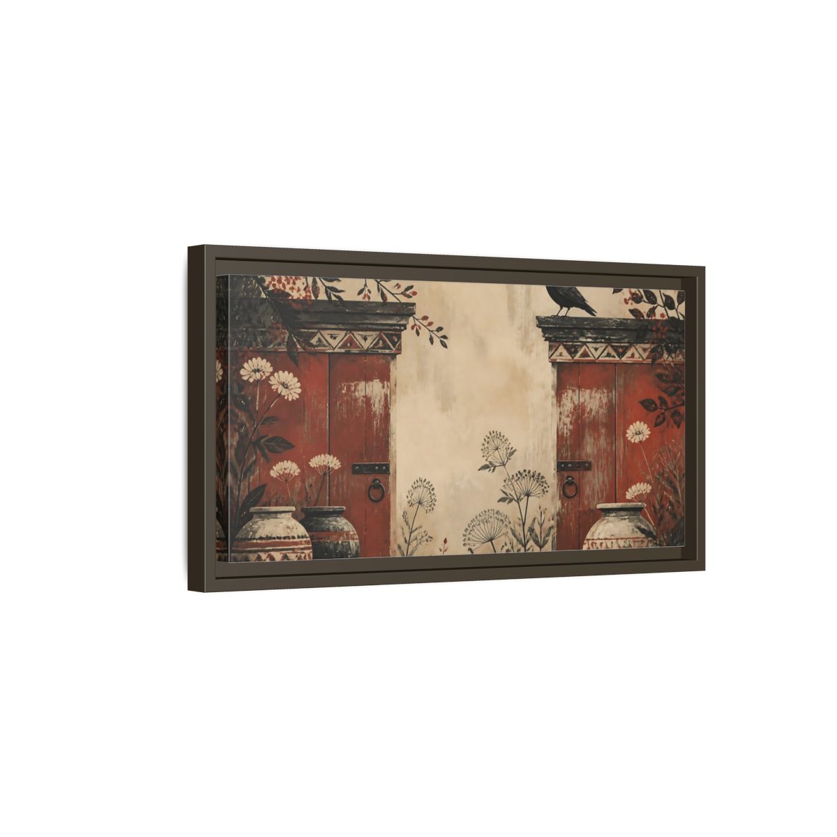 Side Mockup 7. Crow On Weathered Red Doors shown as framed canvas print