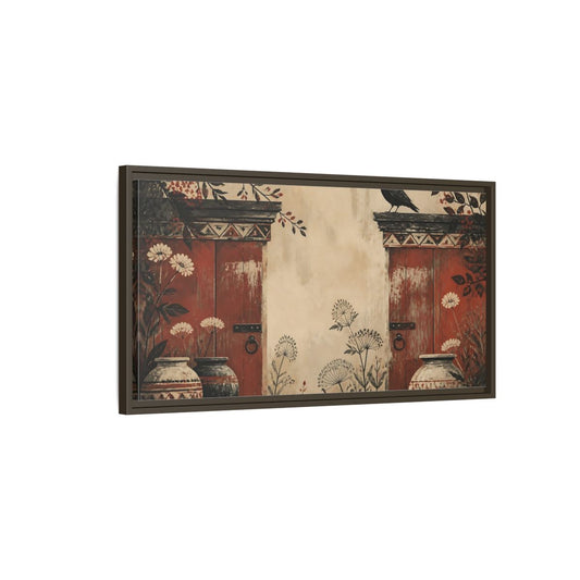 Main Mockup. Crow On Weathered Red Doors shown as framed canvas print