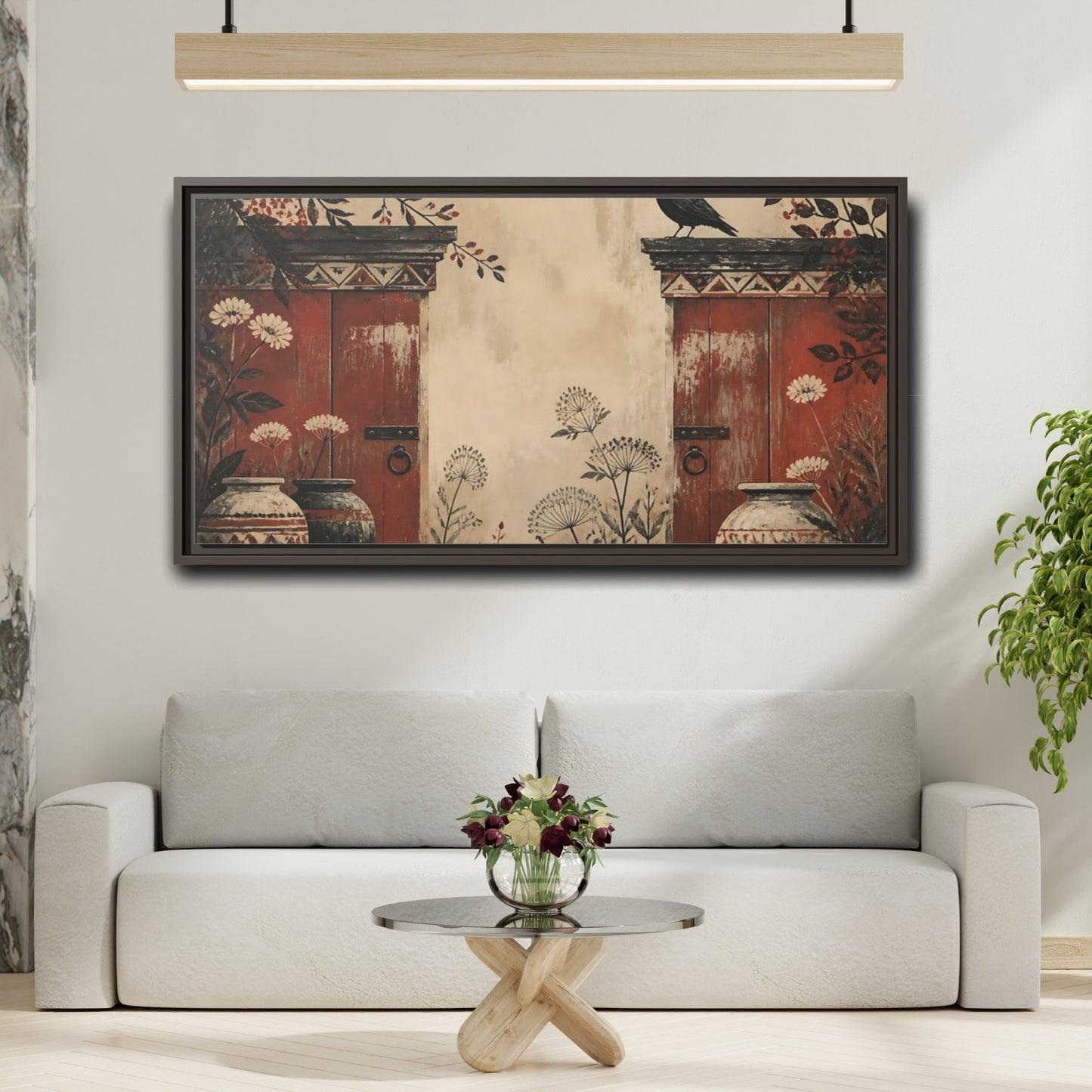 Mockup 2. Crow On Weathered Red Doors shown as framed canvas print