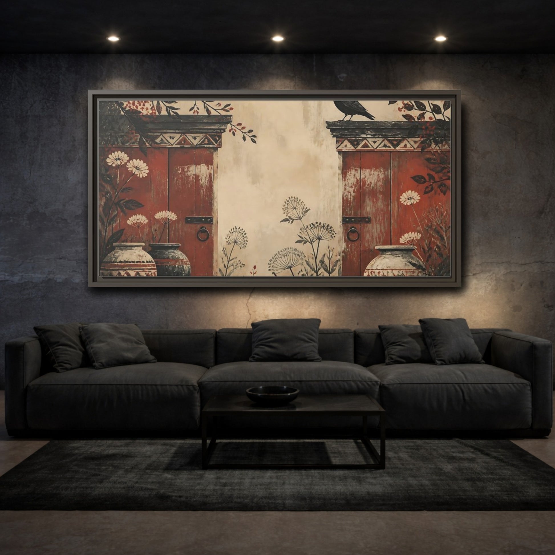 Mockup 3. Crow On Weathered Red Doors shown as framed canvas print