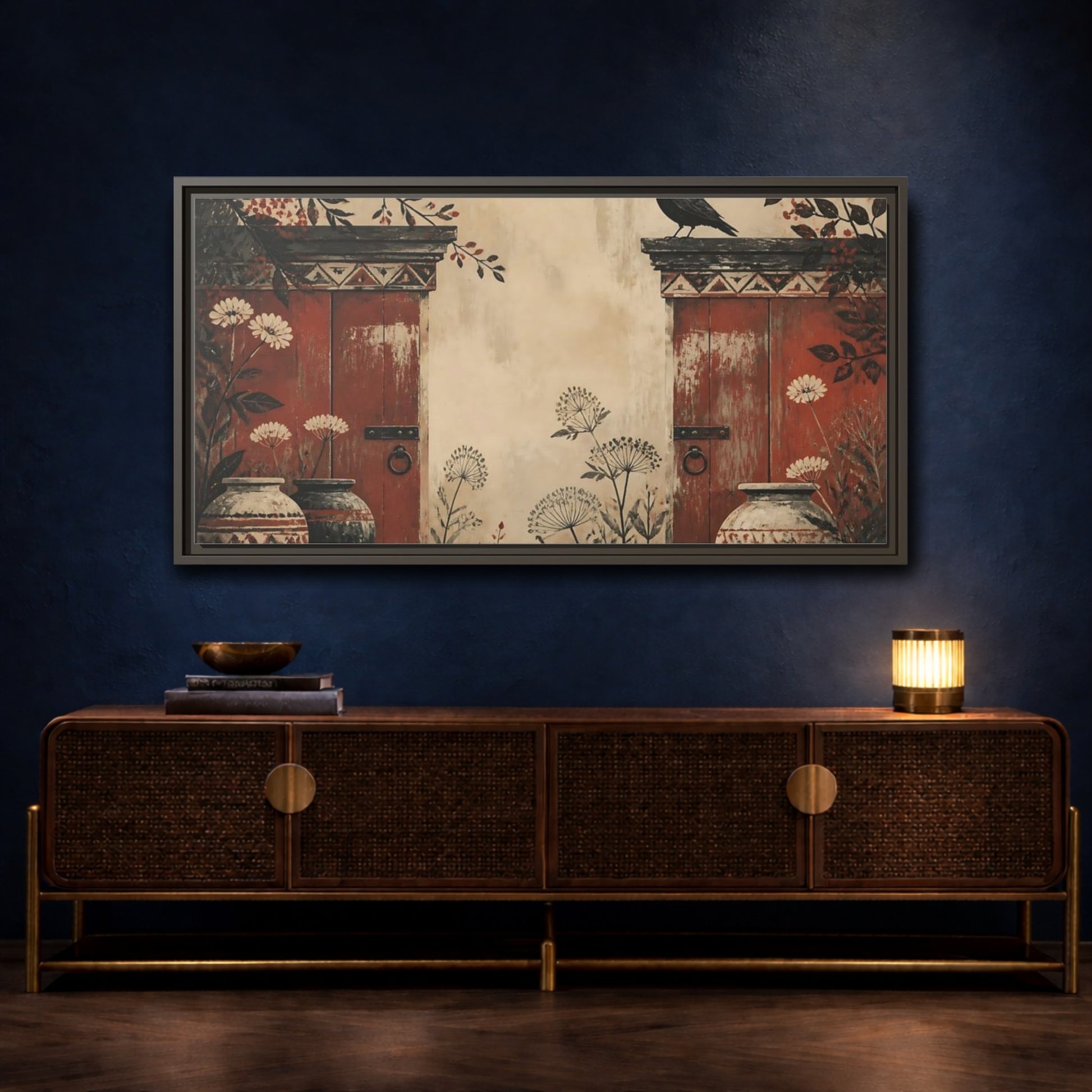 Mockup 4. Crow On Weathered Red Doors shown as framed canvas print